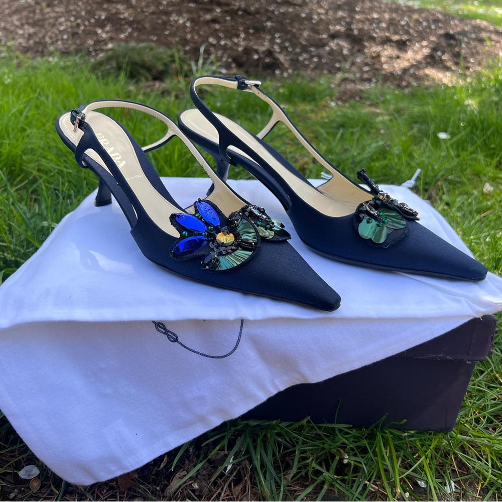 Prada rhinestone slingback kitten heels